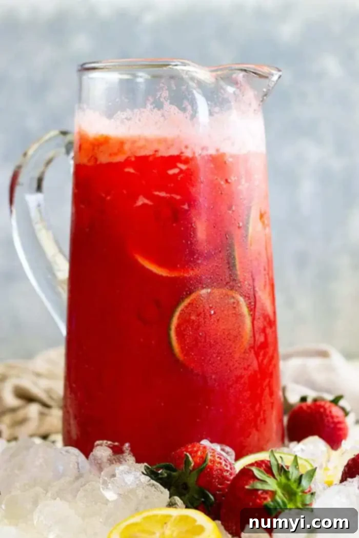 A tall pitcher of refreshing lemonade margarita on ice with sliced strawberries and limes, perfect for summer.