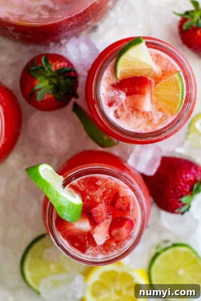 Overhead view of several glasses of flavored margaritas with ice, fresh strawberries, and lime slices.