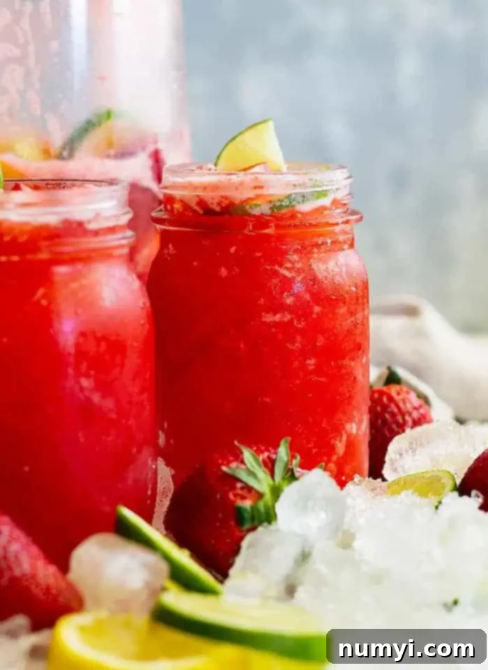 Two glasses of strawberry lemonade margaritas with ice, fresh strawberries, and lime slices, ready to be enjoyed.