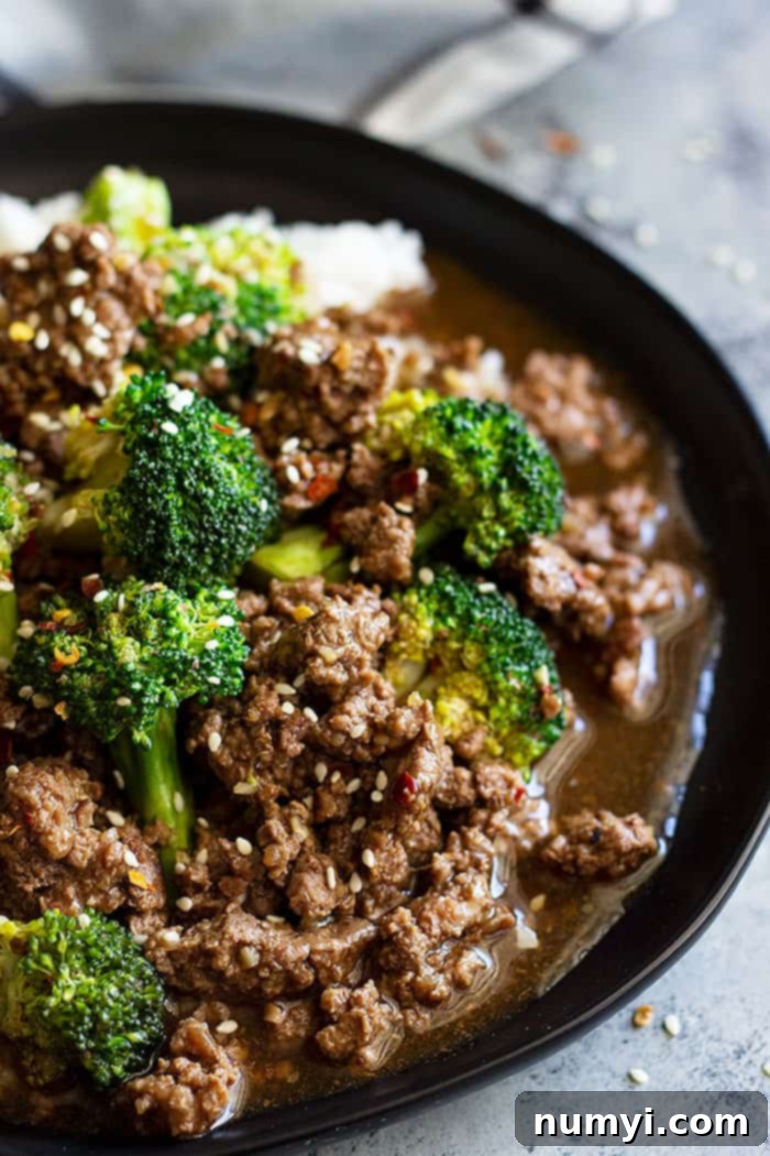 Savory Ground Beef and Broccoli Dinner 3 close up of broccoli and beef stir fry in a skillet