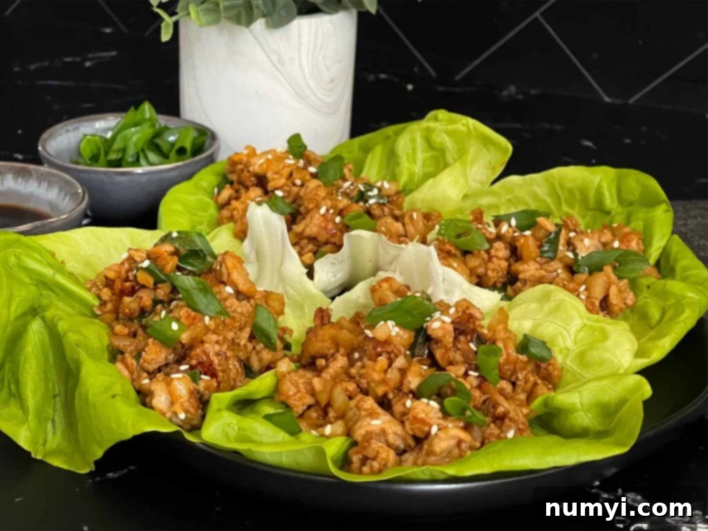 Freshly prepared chicken lettuce wraps on a dark serving plate, ready to be enjoyed as a meal or appetizer.
