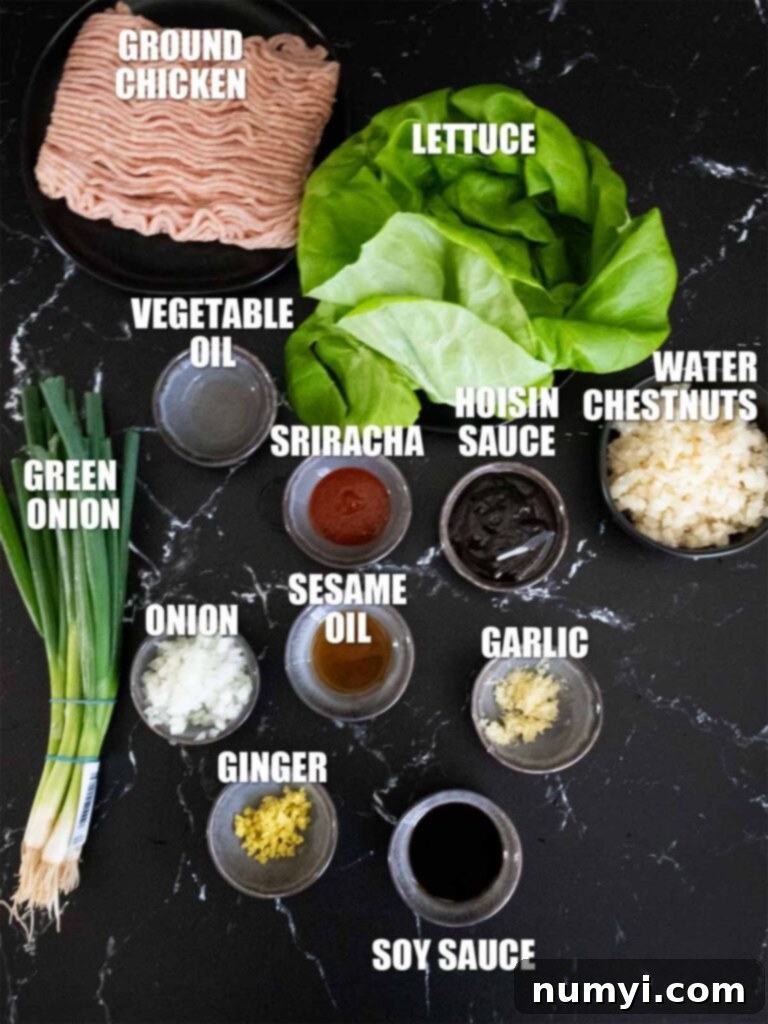 A vibrant flat lay of fresh and staple ingredients including ground chicken, garlic, ginger, hoisin sauce, soy sauce, Sriracha, water chestnuts, and green onions, meticulously arranged for making delicious chicken lettuce wraps.