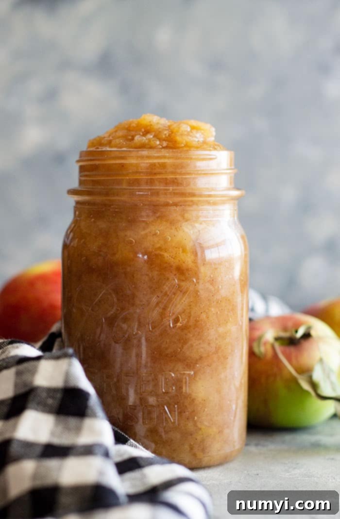 A slow cooker filled with apples and spices, gently cooking to create a fragrant, easy homemade applesauce. Illustrates the 'set it and forget it' method.