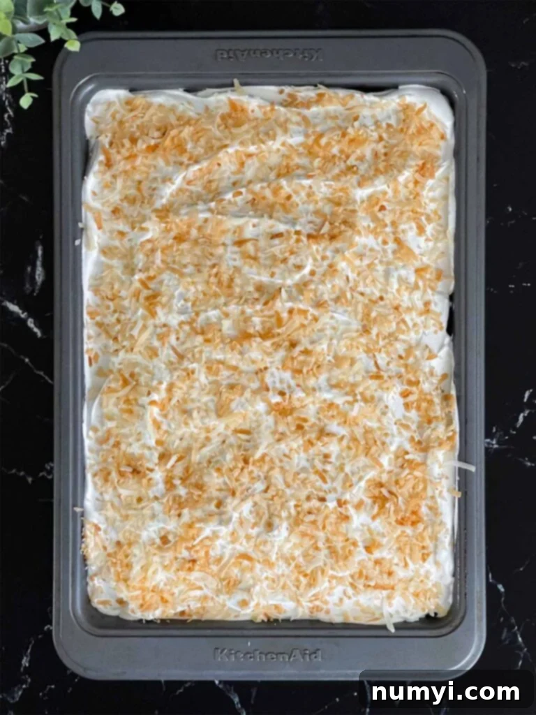 Abundant toasted coconut flakes beautifully sprinkled over the fluffy whipped topping of the coconut sheet cake.