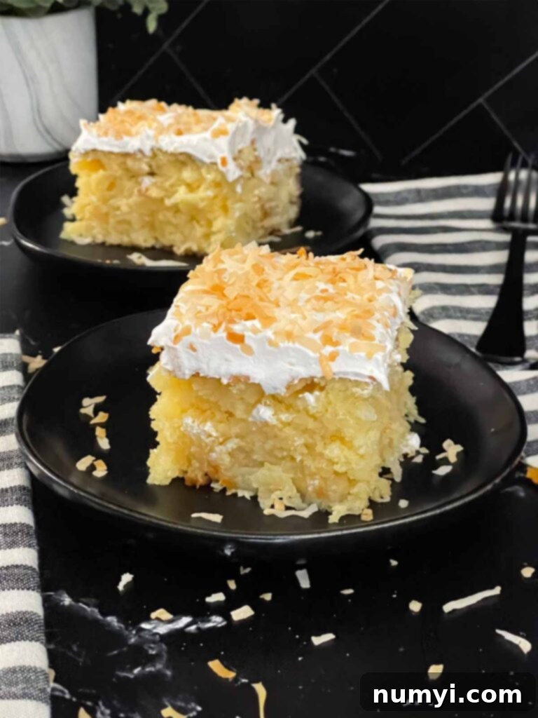 A perfectly portioned slice of the finished coconut sheet cake on a dark plate, ready to be enjoyed.