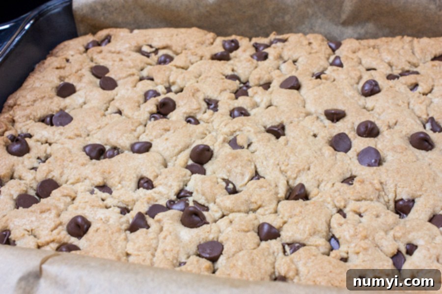 Freshly baked chocolate chip cookie dough in a parchment-lined baking pan, cooling on a wire rack.