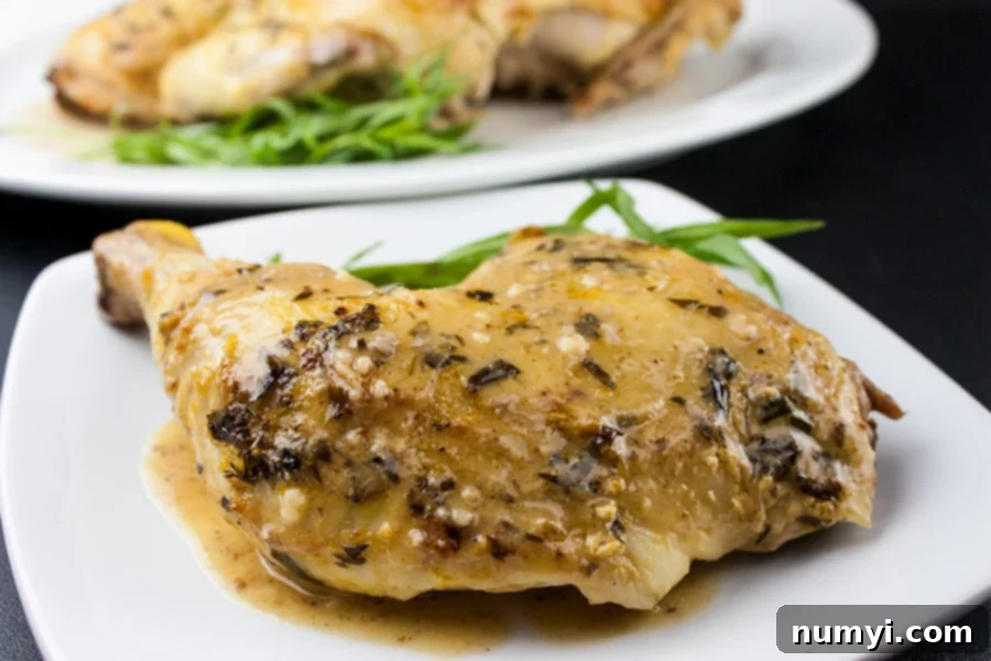 Roasted Chicken with a Dijon Cream Sauce on a white plate garnished with tarragon.