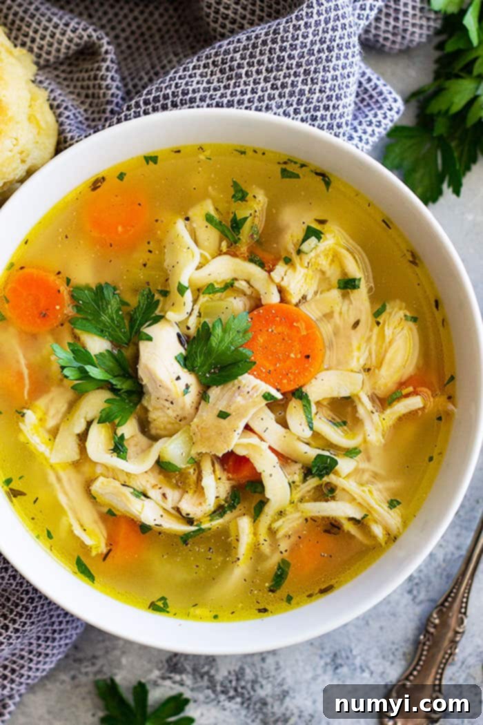 Close up of a spoonful of the Instant Pot whole chicken soup in a white bowl, showing tender chicken, noodles, and vegetables.