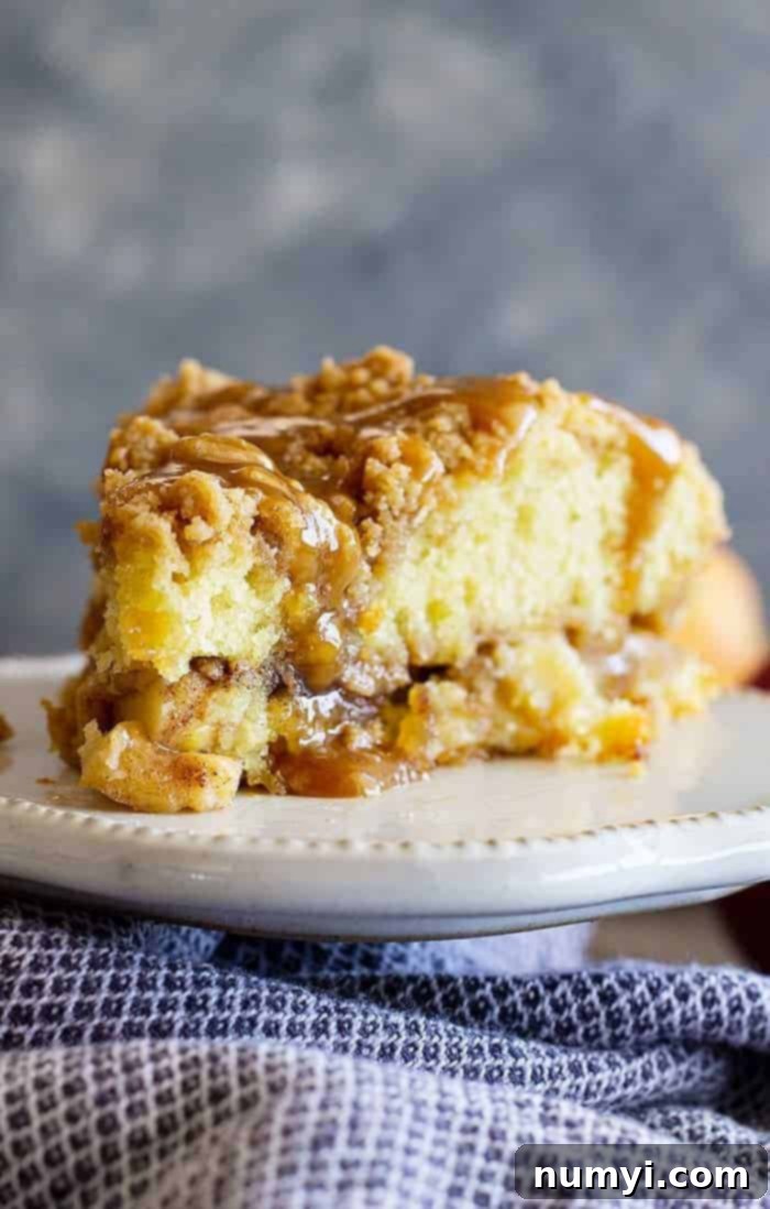 closeup: a large slice of apple crumb cake on a white ceramic plate