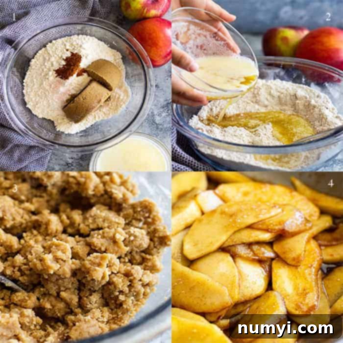 photo collage of 4 photos showing the different components of apple cake with crumble