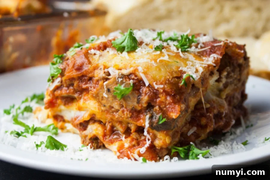Lasagna on a white plate garnished with parsley and cheese.