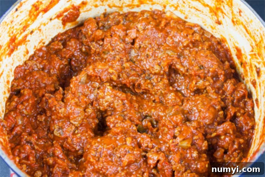 Absolute Best Ever Lasagna - cooked sauce in a large dutch oven