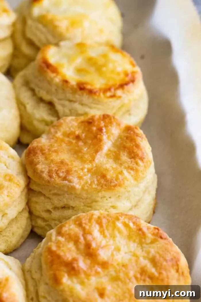 Golden, perfectly baked flaky buttermilk biscuits cooling on a sheet pan, ready to be enjoyed.