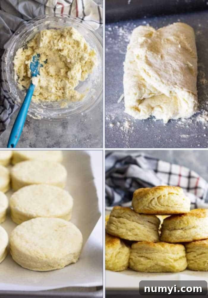 Four images showing the progressive steps of making buttermilk biscuits: shaggy dough in a bowl, dough folded on a work surface, raw biscuits cut out and ready for baking, and golden, baked biscuits on a pan.