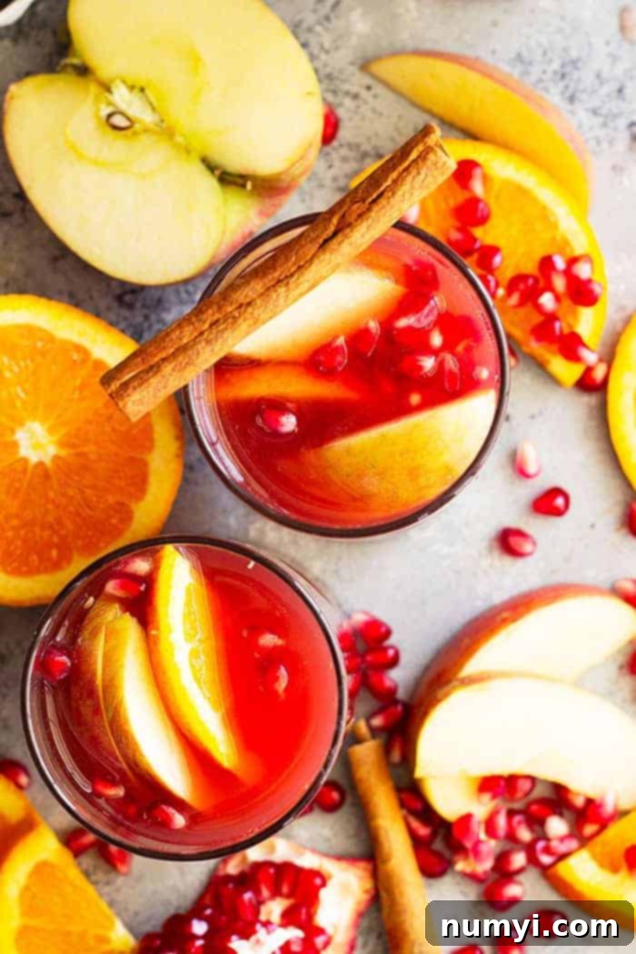 Overhead closeup shot of two elegant glasses of fall sangria, adorned with fruit slices and a cinnamon stick delicately placed on top of one glass. The rich colors of the drink are highlighted.