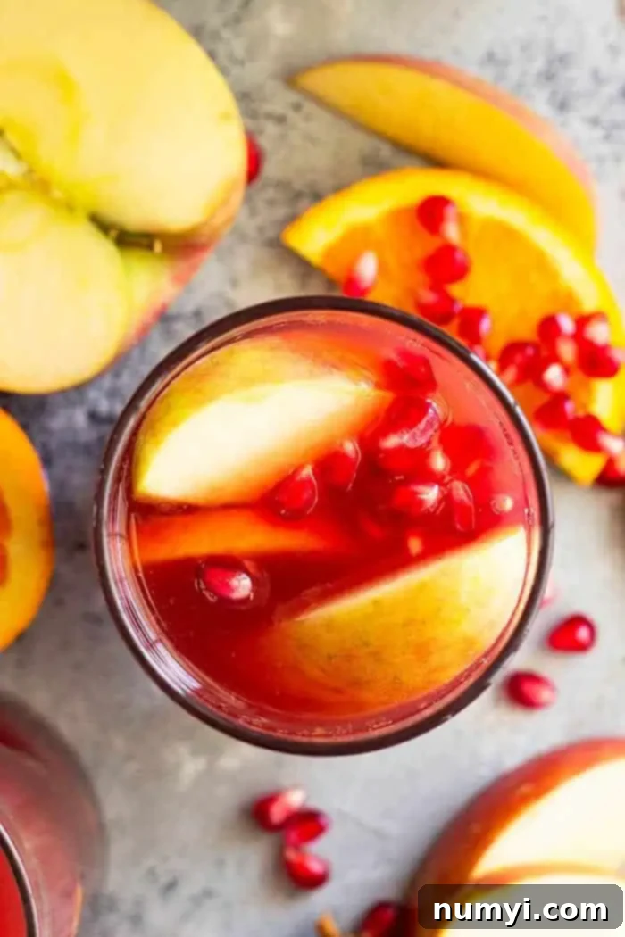 Overhead closeup of a single glass of fall sangria with apple cider, garnished beautifully with fresh apple slices, orange slices, and glistening pomegranate seeds. The inviting blend of colors and textures is prominent.