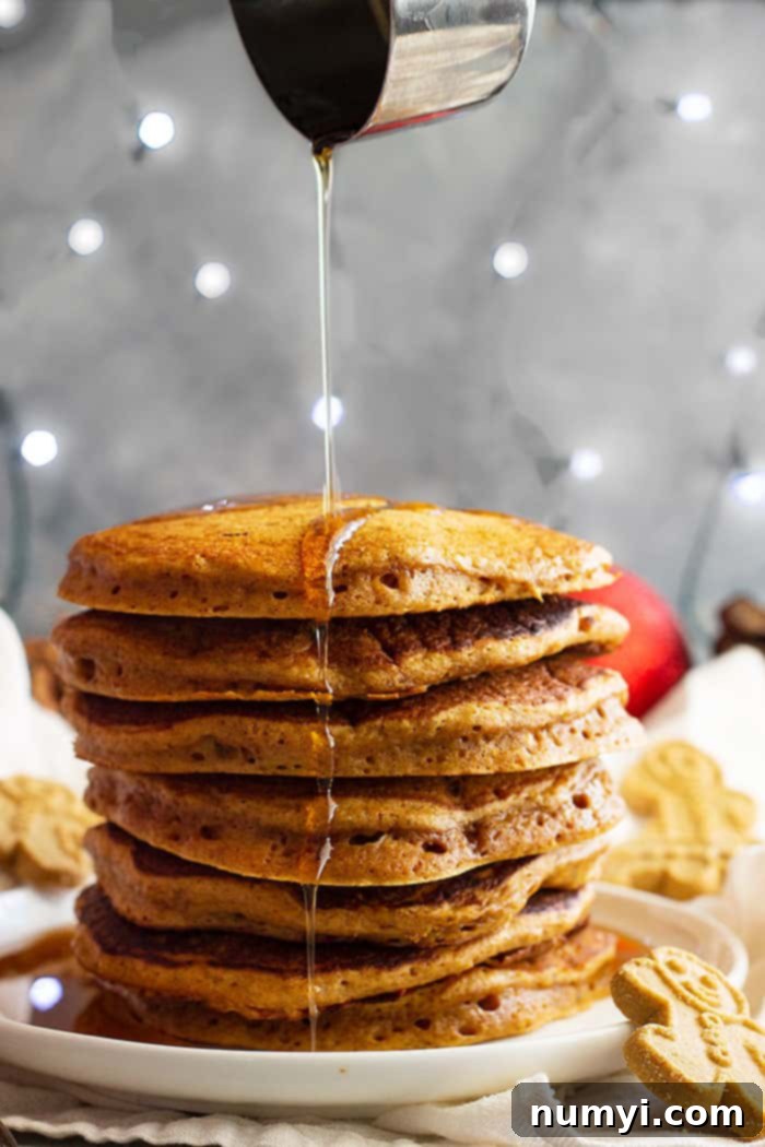 A close-up of a stack of golden brown gingerbread pancakes