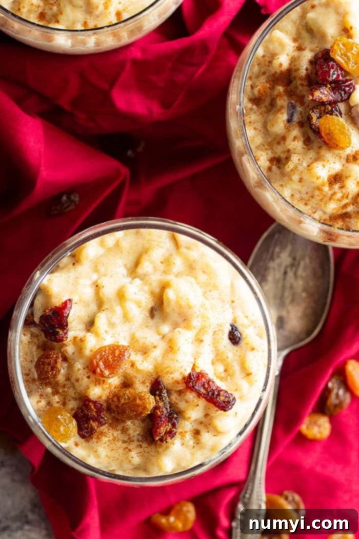 Close-up of a spoon digging into a bowl of rich, creamy rice pudding with visible specks of cinnamon, vanilla, and plump raisins. #creamyricepudding #homemadericepudding #comfortfood