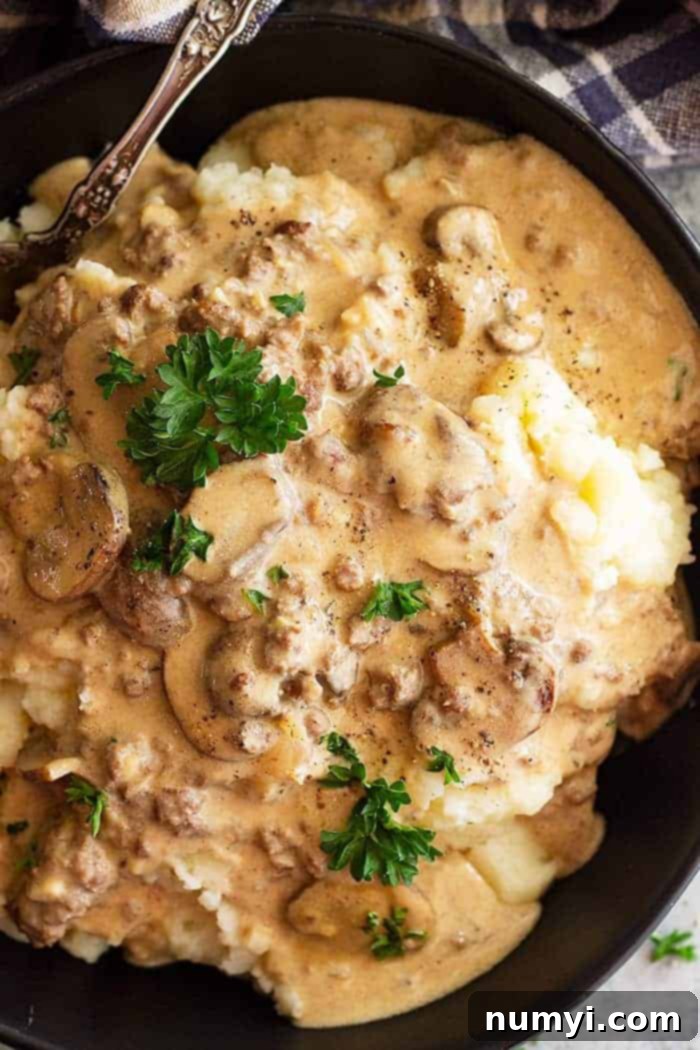 Overhead closeup of saucy ground beef stroganoff with hamburger served over creamy mashed potatoes in a black bowl.