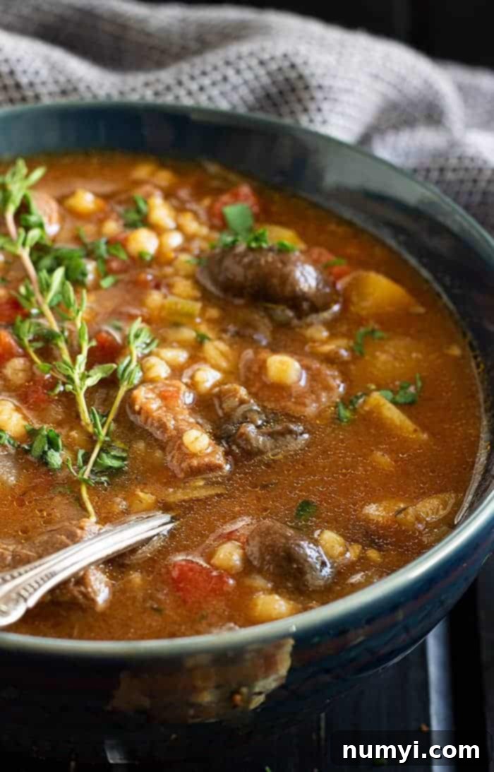 closeup: a bowl of comforting instant pot beef barley soup garnished with fresh thyme