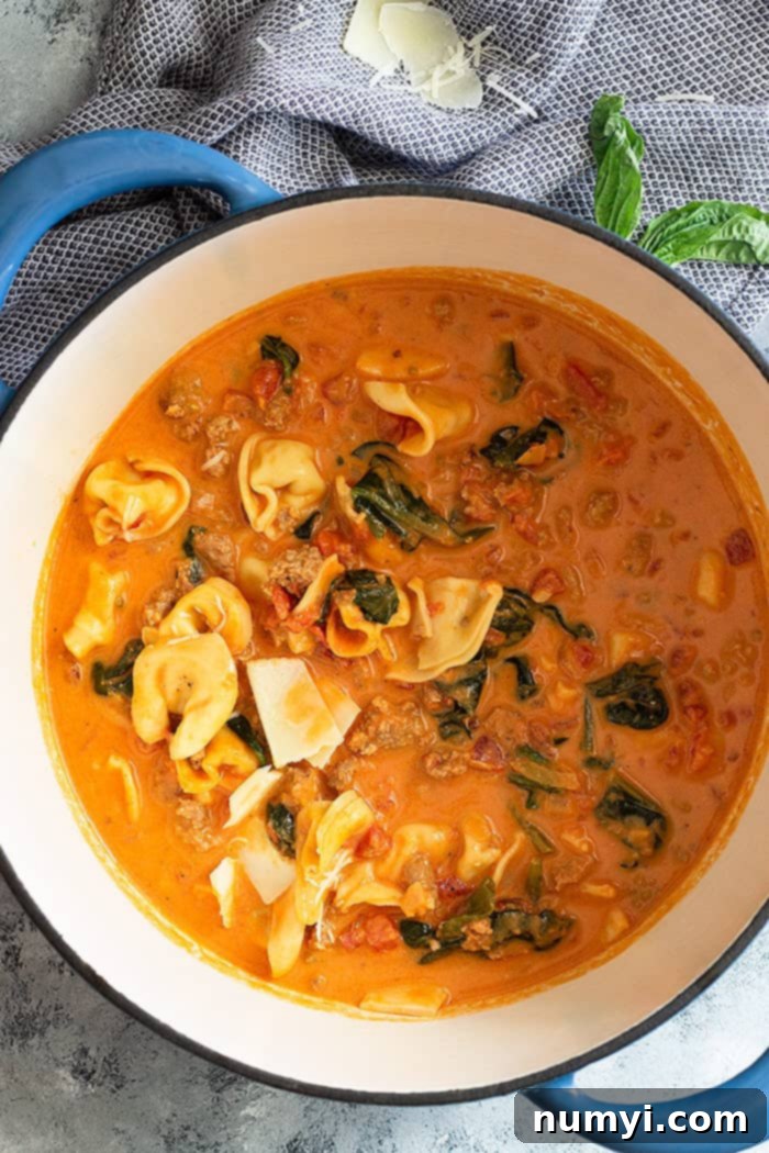 A top down view of a large pot of creamy sausage and tortellini soup simmering on the stove.