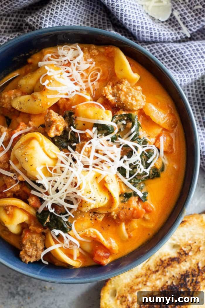 A top down view of a bowl of creamy sausage and tortellini soup, garnished with black pepper and fresh basil leaves.