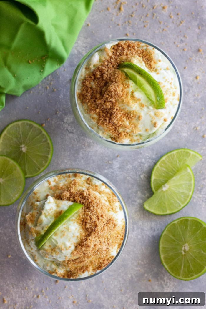 Zesty Lime Cheesecake Cloud 3 A top down view of lime cheesecake fluff in dessert bowl. Garnished with limes and graham cracker crumbs.