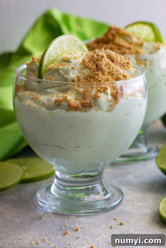 Zesty Lime Cheesecake Cloud 4 A dessert bowl filled with lime cheesecake fluff and topped with graham cracker crumbs and a lime slice.