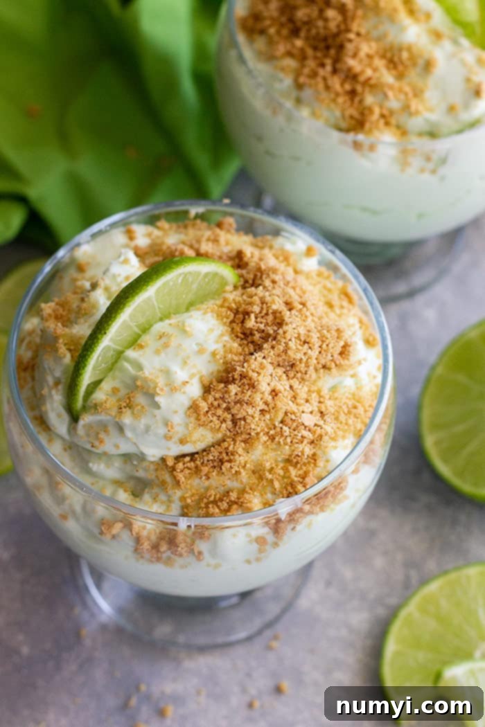 Zesty Lime Cheesecake Cloud 6 Lime cheesecake fluff in a dessert bowl topped with graham cracker crumbs and a lime wedge.