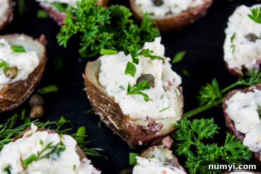 A vibrant platter of Deviled Potato Bites, resembling mini potato salads in crispy skins, ideal for parties and barbecues.