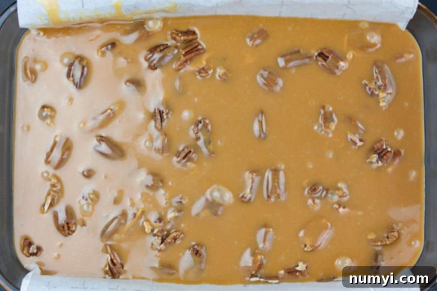 Decadent Turtle Brownies 4 Melted creamy caramel generously poured over the first baked layer of brownie, topped with toasted pecans, ready for the final brownie batter.