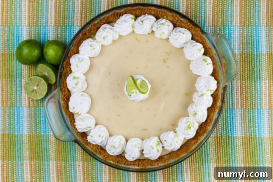 Effortless Egg-Free Key Lime Pie 4 Easy Key Lime Pie garnished with whipped cream and lime slice.