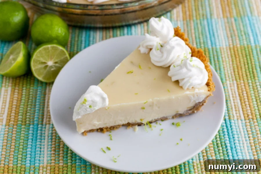 Effortless Egg-Free Key Lime Pie 5 A slice of Key lime pie on a light plate garnished with whipped cream and lime zest.