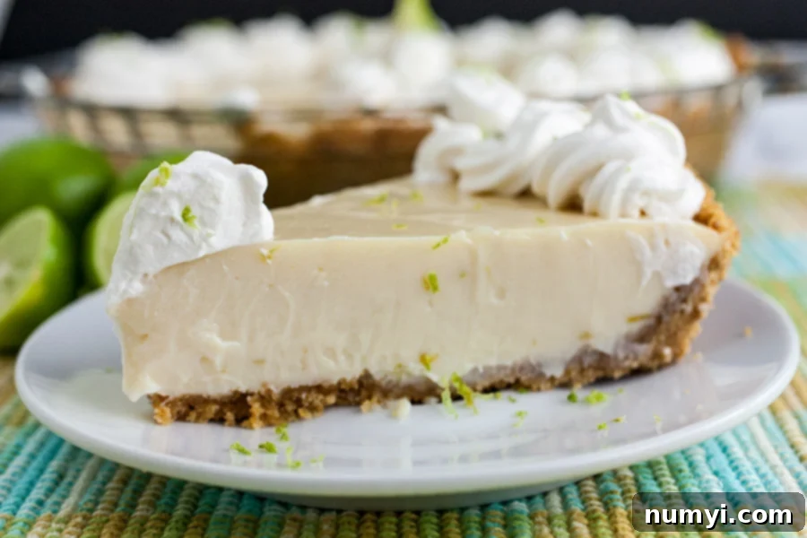 Effortless Egg-Free Key Lime Pie 6 A slice of Key lime pie on a light plate garnished with whipped cream and lime zest.