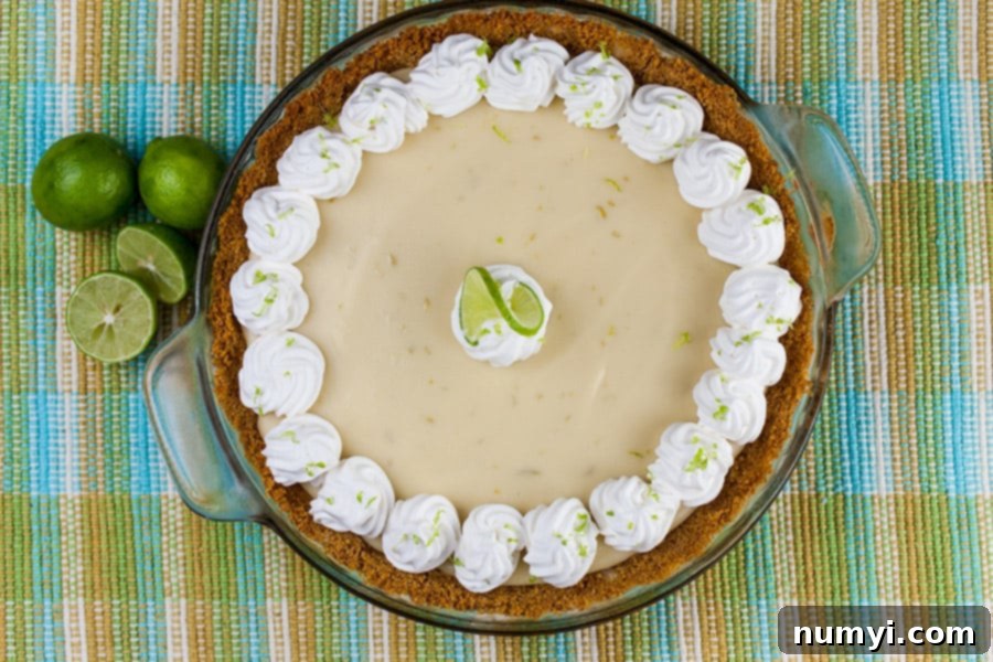 Effortless Egg-Free Key Lime Pie 7 Easy Key Lime Pie garnished with whipped cream and lime slice.