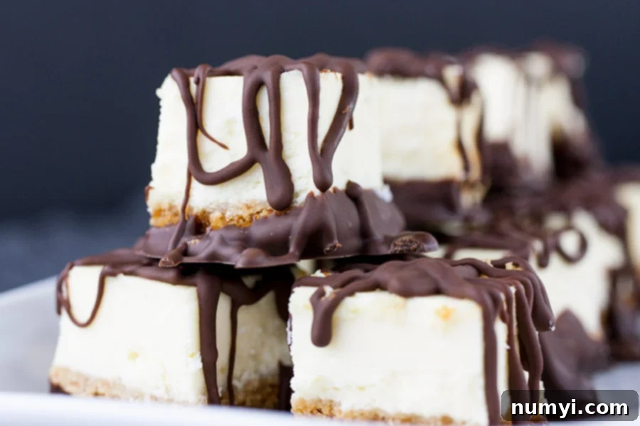 Chocolate Covered Cheesecake Bites - closeup of cheesecake bites on a white platter