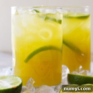 Tall glass of classic margarita with lime wedges and ice.