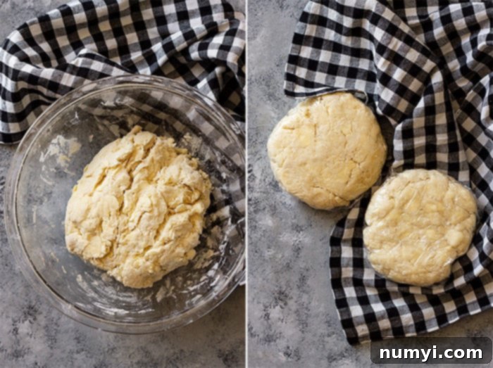 Pie dough being formed into disks ready for the refrigerator. 