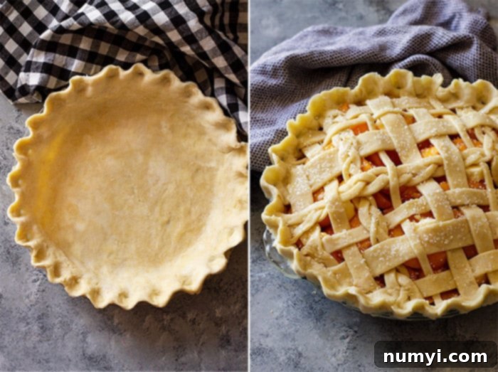 Pictures of pie dough in pan and filled with a lattice top. 