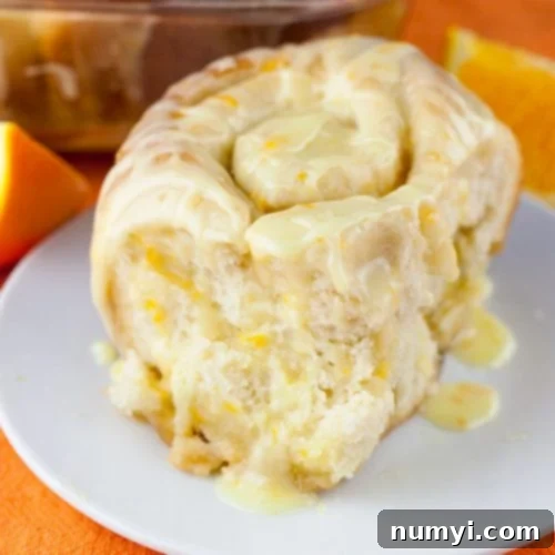Homemade Orange Swirls in Just One Hour 4 An orange roll on a white plate.