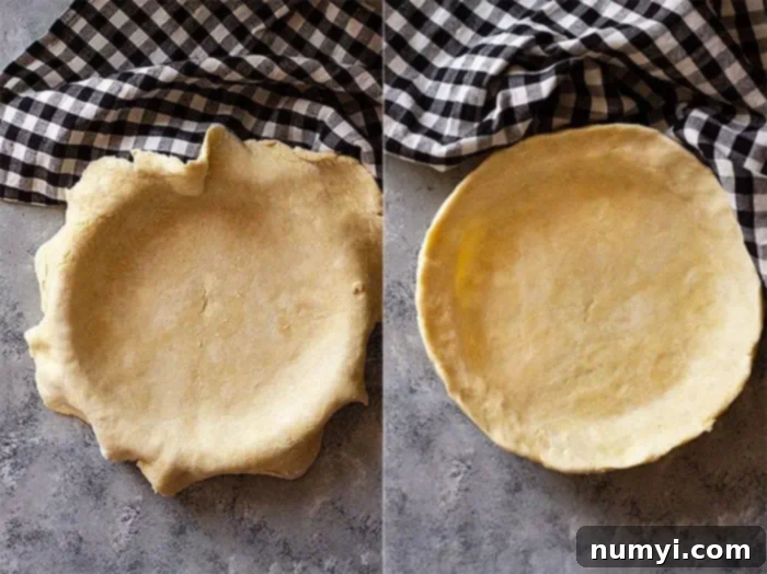 overhead: pie dough being fitted into a pie plate