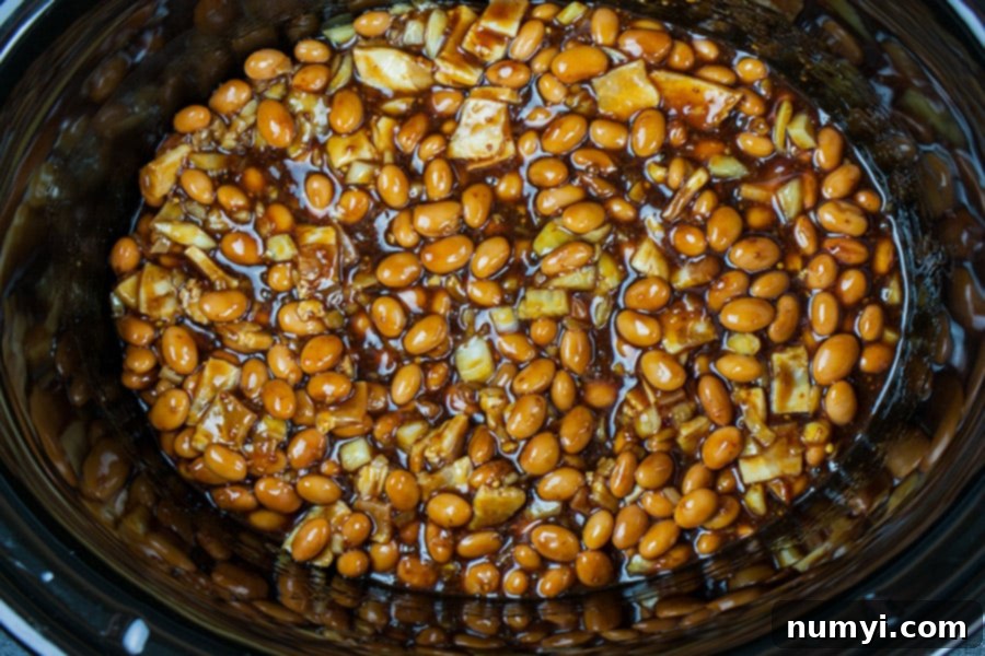 Boston baked beans in the slow cooker mixed with all the other ingredients before cooking.