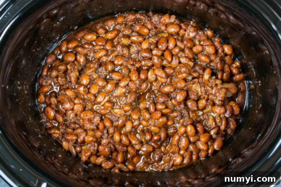 Finished Slow Cooker Boston Baked Beans in the slow cooker with a thick, rich sauce.