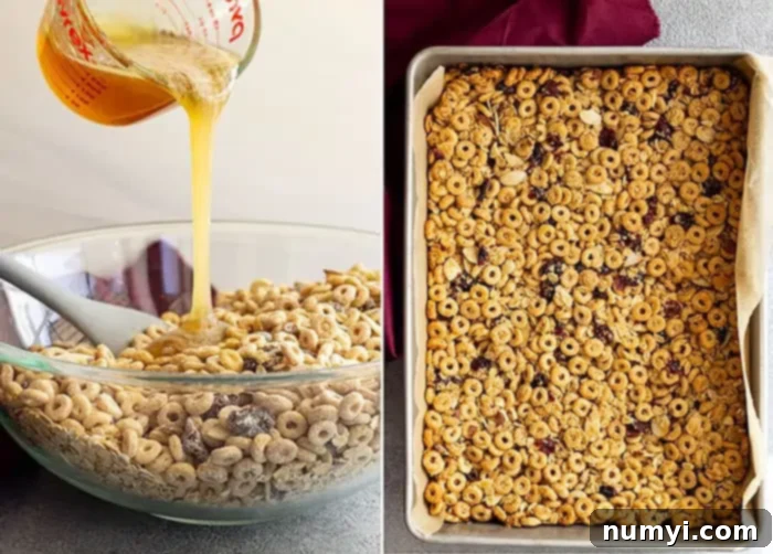Two side-by-side images showing the process of mixing dry ingredients and then combining them with wet ingredients.