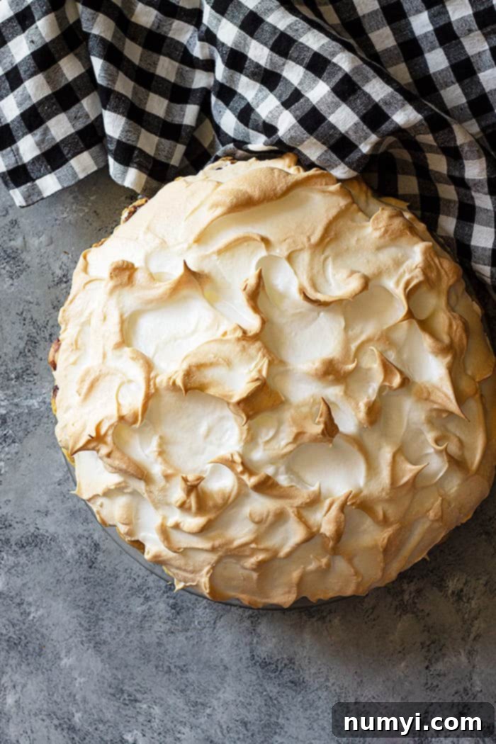 Beautiful top-down view of a homemade chocolate meringue pie, showcasing the elegant swirls and golden peaks of the meringue, perfectly complementing the deep chocolate filling beneath.