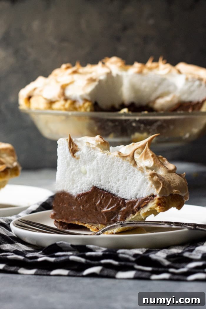 A whole chocolate meringue pie, beautifully adorned with tall, elegant meringue swirls, ready to be sliced and enjoyed.