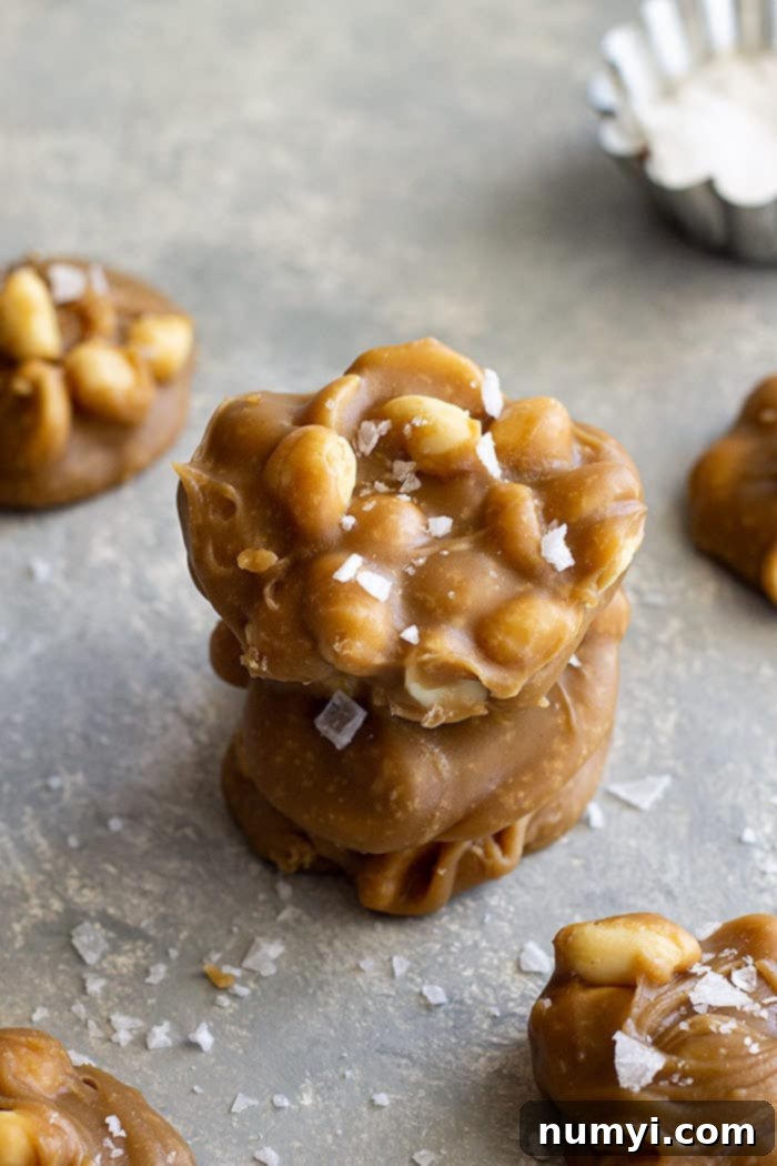 No-Fuss Peanut Delights 5 A stack of easy peanut pralines with sea salt sprinkled around them.