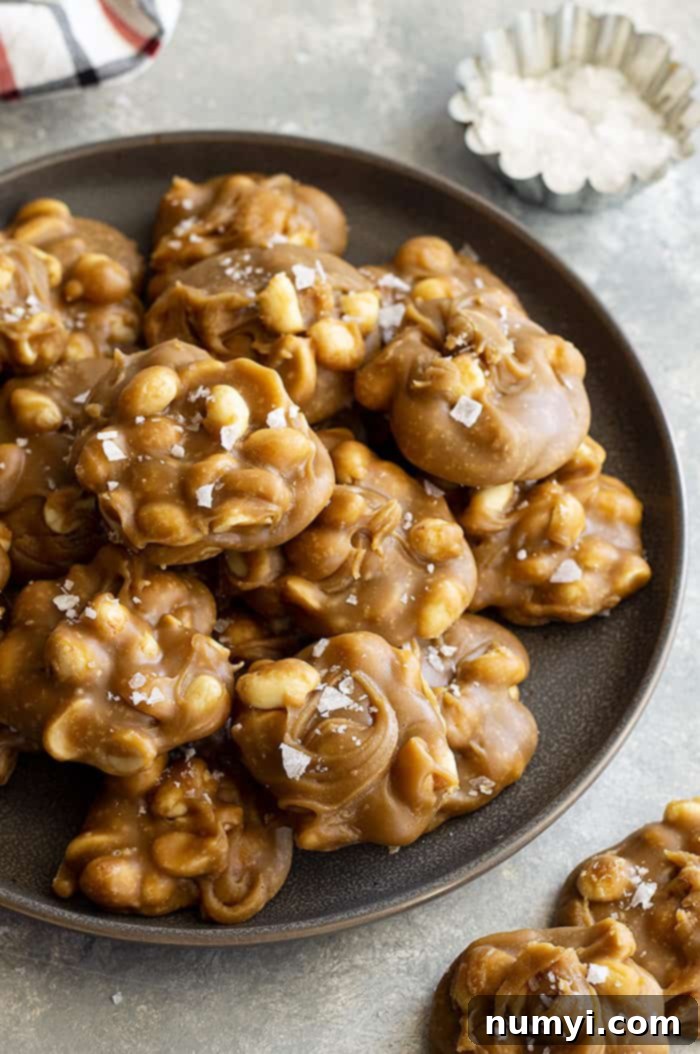 No-Fuss Peanut Delights 6 Easy peanut pralines on a plate sprinkled with flaky sea salt.