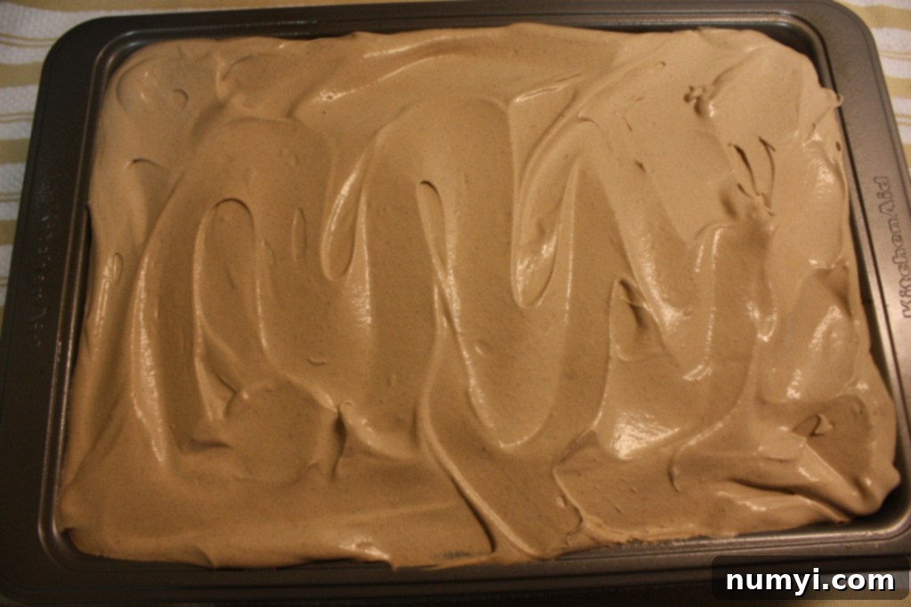 Baked Italian Love Cake in the pan, generously covered with its creamy, fluffy chocolate frosting.