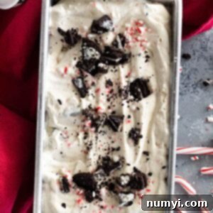 Homemade No-Churn Peppermint Cookie Ice Cream 5 No Churn Peppermint Ice Cream in a pan decorated with chopped peppermints and oreos.